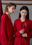 peopleterritory Simple Red Peter Pan Collar Button Solid Ice Silk Couple Pajamas Two Pieces Set Long Sleeve LY1862