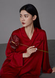 peopleterritory Simple Red Peter Pan Collar Button Solid Ice Silk Couple Pajamas Two Pieces Set Long Sleeve LY1862