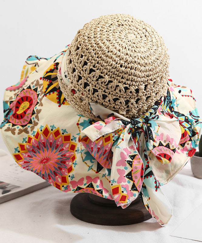peopleterritory Style Beige Print Patchwork Bow Straw Woven Floppy Sun Hat LY530