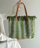 peopleterritory Style Green Tassel Knit Fabric Canvas Tote Handbag LY1386