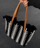 peopleterritory Style Green Tassel Knit Fabric Canvas Tote Handbag LY1386