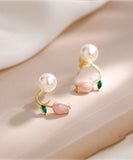 peopleterritory Style Pink Silver Overgild Pearl Oil Drip Hoop Earrings TW1045