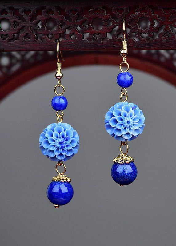 peopleterritory Stylish Blue Jade Floral Tassel Silver Drop Earrings HE1023