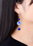 peopleterritory Stylish Blue Jade Floral Tassel Silver Drop Earrings HE1023