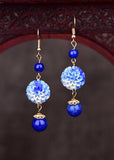 peopleterritory Stylish Blue Jade Floral Tassel Silver Drop Earrings HE1023