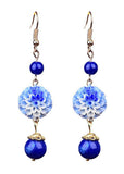 peopleterritory Stylish Blue Jade Floral Tassel Silver Drop Earrings HE1023