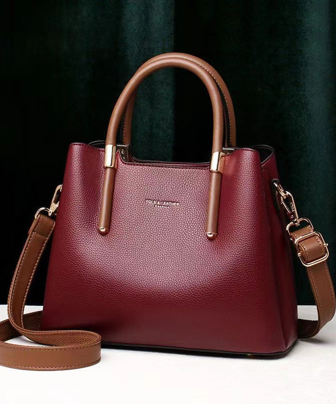 peopleterritory Stylish Minimalist Wine Red Leather Tote Handbag ZX1025