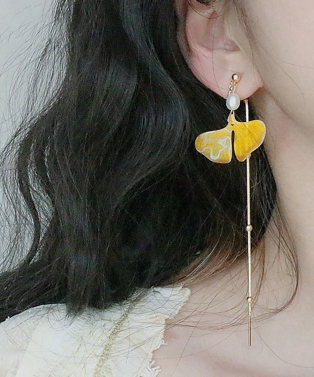 peopleterritory Stylish Yellow 14K Gold Pearl Ginkgo Leaf Tassel Drop Earrings GH1070