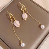 peopleterritory Pink tulip fringe long pearl earrings