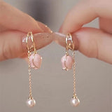 peopleterritory Pink tulip fringe long pearl earrings