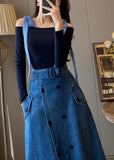 peopleterritory Unique Blue Slash Neck Patchwork Top And Denim Maxi Skirts Two Pieces Set Fall TY1031