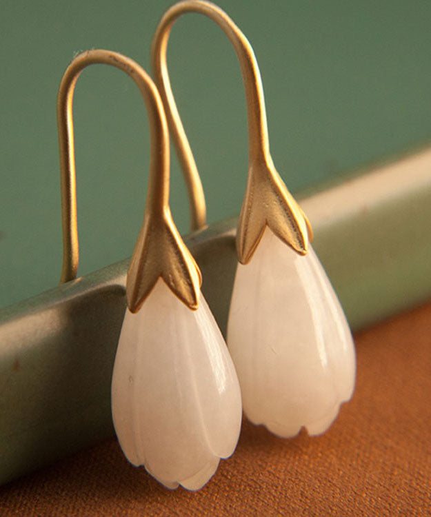 peopleterritory Unique Gold Sterling Silver Inlaid White Jade Drop Earrings TW1024