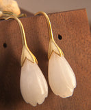 peopleterritory Unique Gold Sterling Silver Inlaid White Jade Drop Earrings TW1024