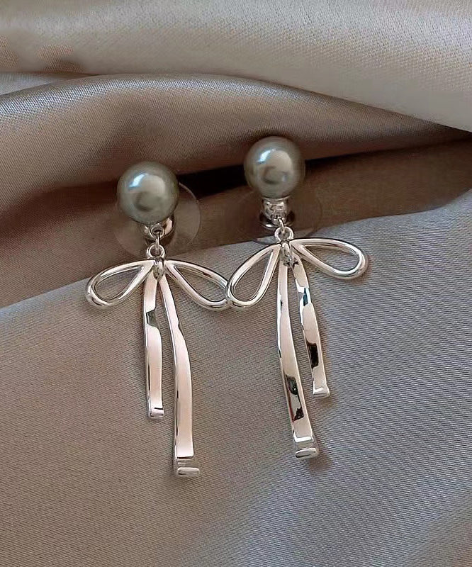 peopleterritory Unique Silk Sterling Silver Metal Pearl Bow Drop Earrings GH1015