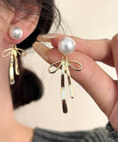 peopleterritory Unique Silk Sterling Silver Metal Pearl Bow Drop Earrings GH1015