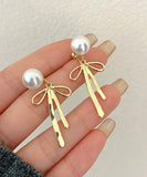 peopleterritory Unique Silk Sterling Silver Metal Pearl Bow Drop Earrings GH1015