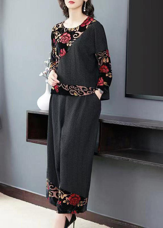 peopleterritory Vintage Black Embroideried Tops And Wide Leg Pants Cotton Two Piece Set Fall TF1042