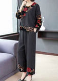 peopleterritory Vintage Black Embroideried Tops And Wide Leg Pants Cotton Two Piece Set Fall TF1042