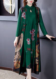 peopleterritory Vintage Green Print Chinese Button Silk Fake Two Piece Oriental Dresses Spring LY1724