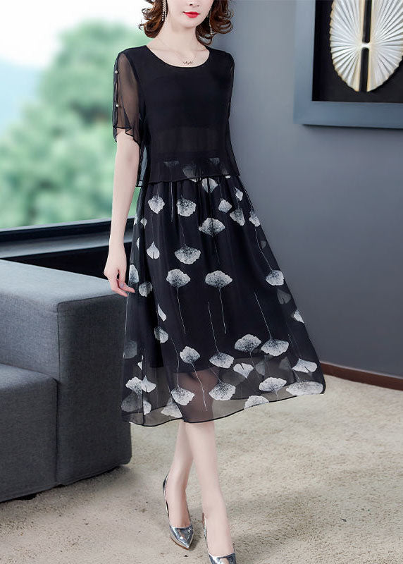 peopleterritory Women Black Hollow Out Patchwork Silk Fake Two Piece Dress Summer TH1013