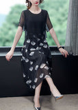 peopleterritory Women Black Hollow Out Patchwork Silk Fake Two Piece Dress Summer TH1013