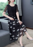 peopleterritory Women Black Hollow Out Patchwork Silk Fake Two Piece Dress Summer TH1013