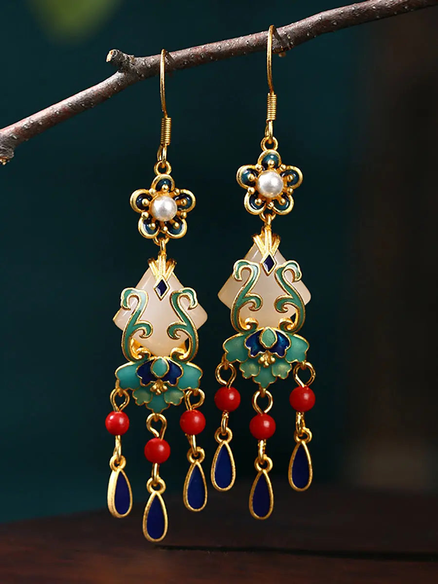 peopleterritory Women Jade Enamel Alloy Tassel Earrings