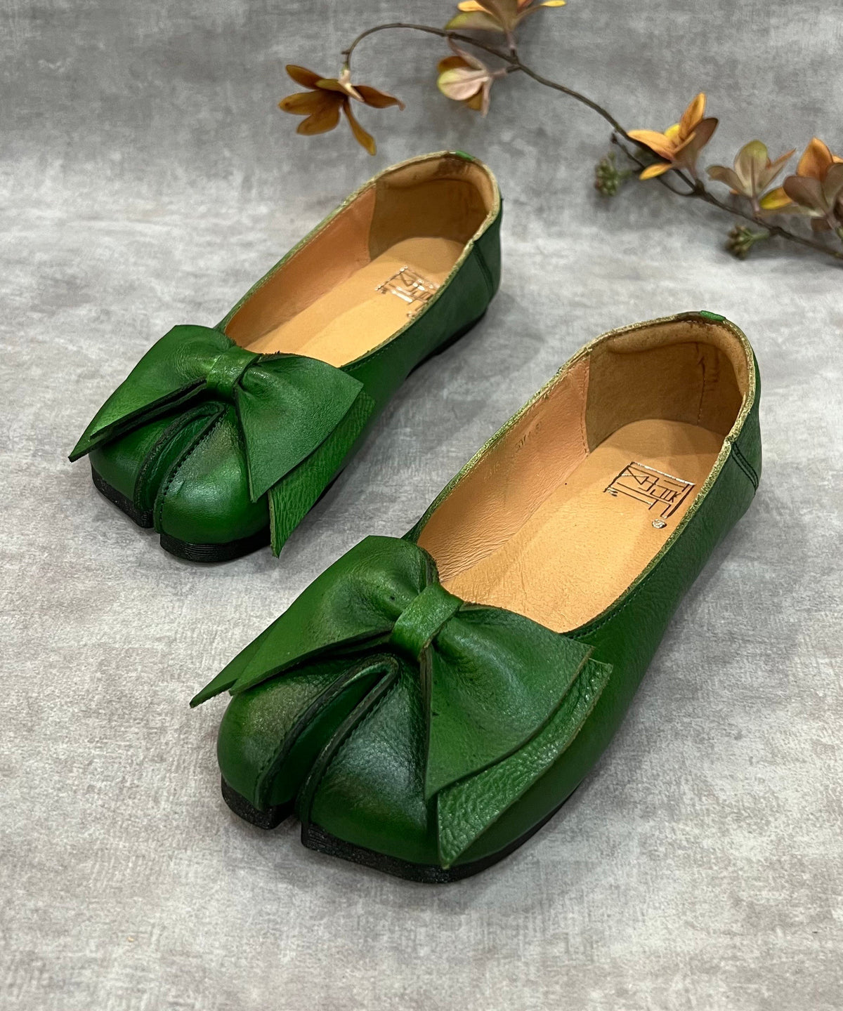 peopleterritory Women Green Bow Split Toe Cowhide Leather Flat Shoes For RT1043