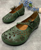 peopleterritory Women Green Hollow Out Genuine Leather Flat Feet Shoes RT1036