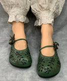 peopleterritory Women Green Hollow Out Genuine Leather Flat Feet Shoes RT1036