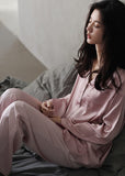 peopleterritory Women Pink Peter Pan Collar Button Cozy Ice Silk Pajamas Two Piece Set Long Sleeve LY1903