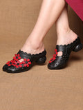 peopleterritory Women Leather Vintage Flower Spliced Slippers