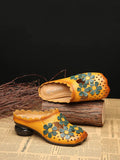 peopleterritory Women Leather Vintage Flower Spliced Slippers