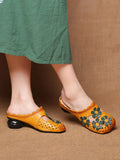 peopleterritory Women Leather Vintage Flower Spliced Slippers