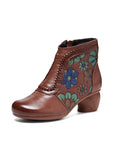 peopleterritory Women Leather Jacquard Ankle Boots