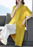 peopleterritory Women Yellow Embroideried Side Open Linen Two Piece Set Spring FR2032