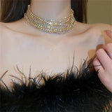 Glamorous Shiny Multilayer Rhinestones Chunky Necklace Exaggerated Personality Clavicle Chain Female Banquet Party Decor Neck Jewelry Gift