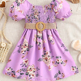 Toddler Girls Floral Graphic Puff Sleeve Shirred Belted Princess Dress For Party Beach Vacation Kids Summer Clothes