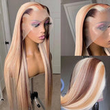 Long Straight Brown Blonde Highlight Wig Human Hair Colored Honey Blonde Lace Front Wigs for Women Straight Synthetic Lace Frontal Wig Preplucked