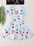 Girls Vibrant Stretchy Short Sleeve Dress - American Style Ice Cream & Fireworks Print, Comfortable, Breathable, Summer Party Perfect, Independence Day Gift Idea