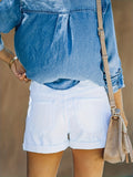 Chic White Denim Shorts with Stretch & Distressed Details - Summer Casual Wear for Women