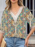 Plus Size Paisley Print V Neck Blouse - Relaxed Fit, Comfortable Non-Stretch Polyester, Random Pattern, Short Sleeve, Casual Vacation Shirt for Spring and All Seasons - Womens Stylish Shirting