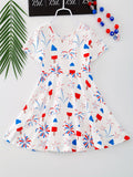 Girls Vibrant Stretchy Short Sleeve Dress - American Style Ice Cream & Fireworks Print, Comfortable, Breathable, Summer Party Perfect, Independence Day Gift Idea