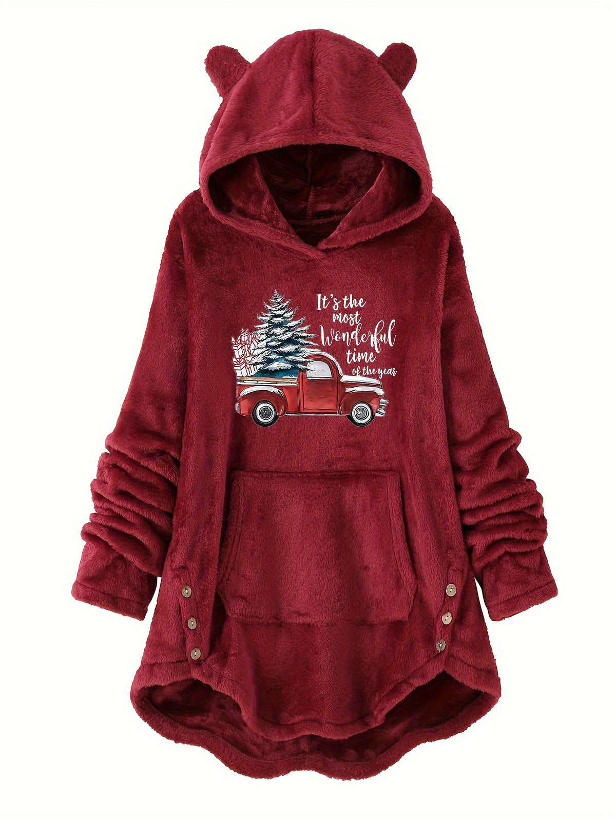 Cozy Christmas Truck And Tree Print Flannel Pajama Top - Fashion Hoodies - Soft, Comfortable, Long Sleeve, Hooded, Casual Loose Fit, Ladies Loungewear for Winter Nights