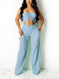 Chic Halter Neck Sleeveless Crop Top & High Waist Loose Pants Set - Solid Casual Two-piece Outfit for Women - Flattering & Comfortable