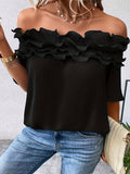 Plus Size Ruffle Solid Blouse - Chic Off-the-Shoulder Design, Short Sleeves for Comfort, Delicate Ruffle Details - Designed for Plus Size Women, Perfect for Spring Season, Womens Fashion Clothing