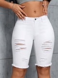 Mid-Thigh Length Womens Slim Fit Bermuda Shorts - Stretchy High Stretch Denim, Ripped, Frayed Hem, Button Fly Closure - Perfect for Spring/Summer Streetwear Style