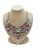 Iced Out Shiny Colorful Faux Crystal Bib Necklace Statement Zinc Alloy Neck Jewelry Accessories Party Ornament