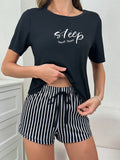 Womens Casual Stripe Print Pajama Set - Soft Mid-Elasticity Polyester Short Sleeve Crew Neck Top & Drawstring Shorts for Spring/Summer - Cute Sleepwear for Adults