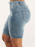 Ripped Raw Hem Bermuda Denim Shorts, Distressed Washed Blue Denim Shorts, Women's Denim Jeans & Clothing